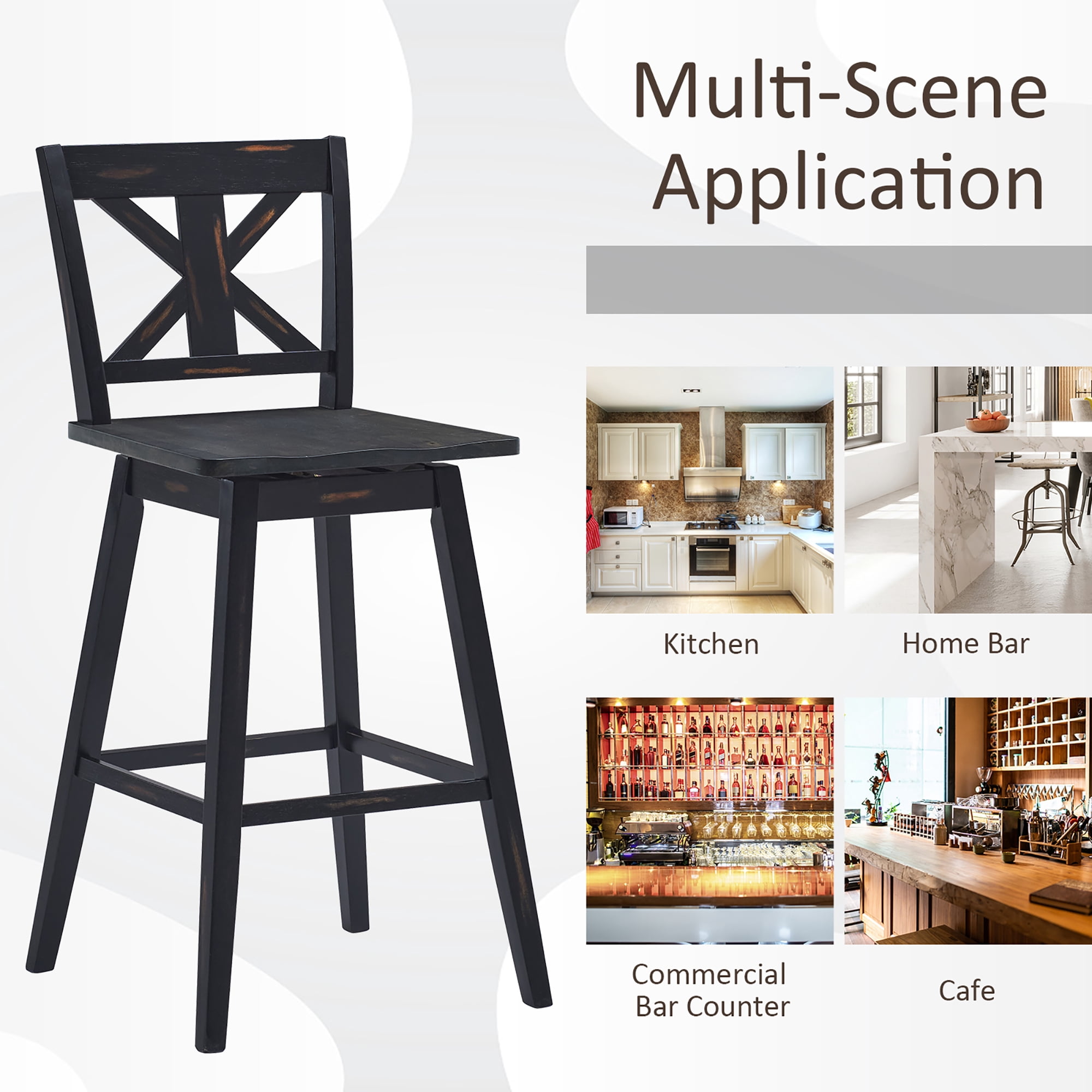 Costway Set of 2 Bar Stools Swivel Pub Height Chairs w/ Rubber Wood Legs Black