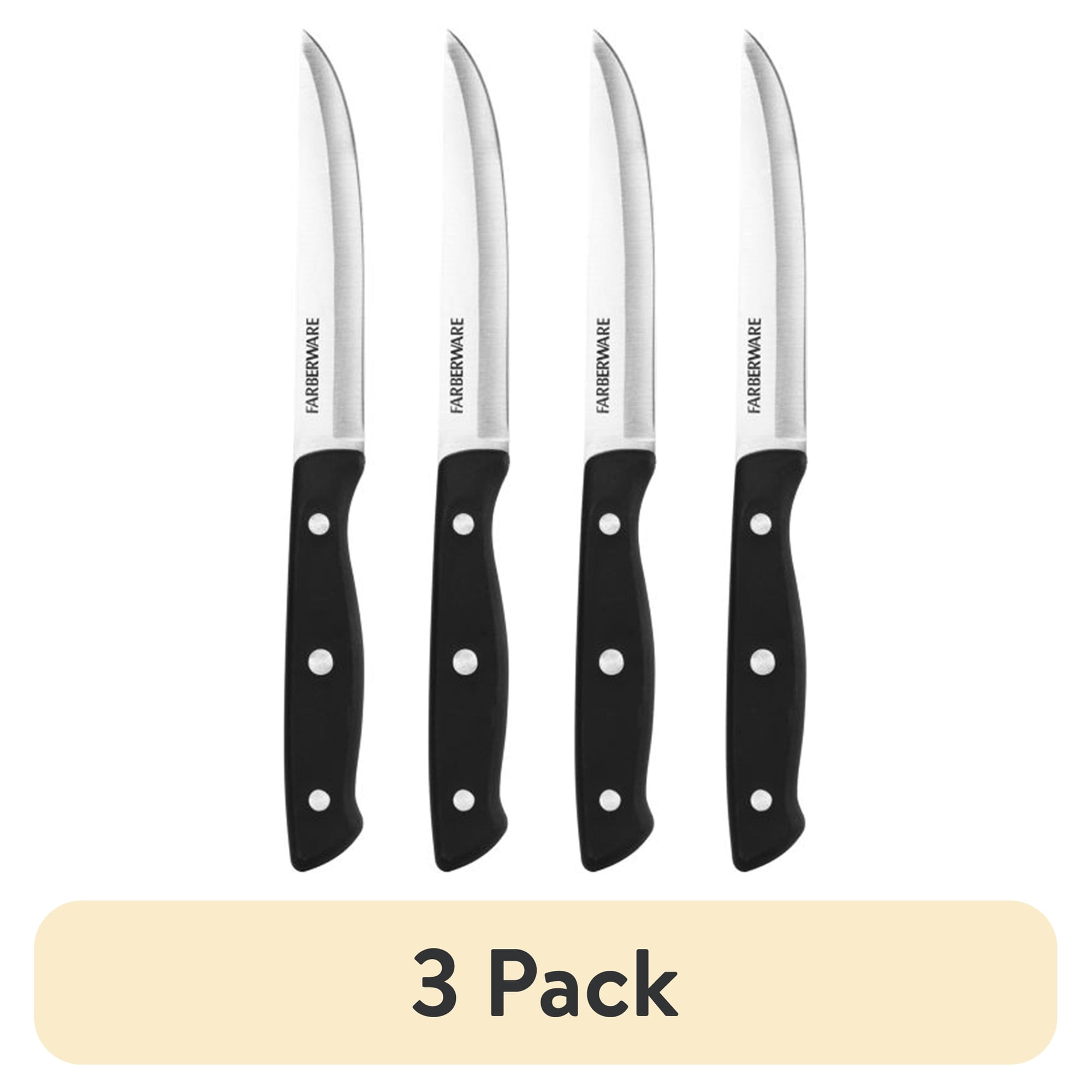 (3 pack) Farberware Classic 4-Piece Stainless Steel Steak Knife Set with Black Handles
