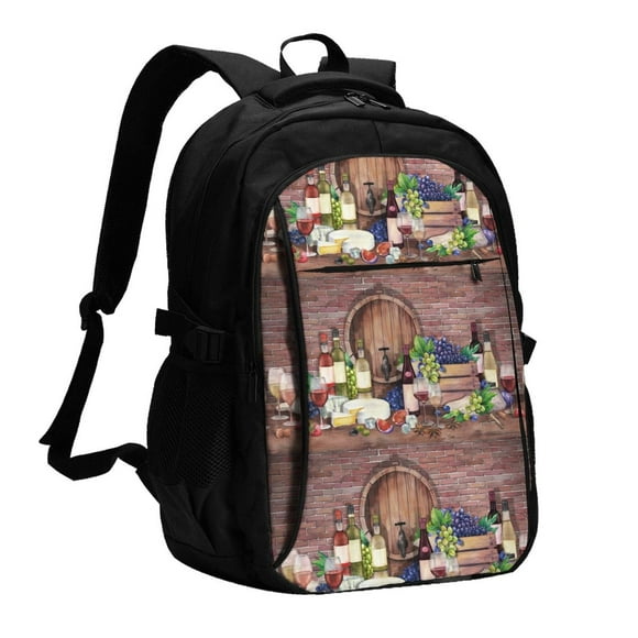 Kdxio Bottle Glass Red Wine Print USB Backpack with Charging Port Laptop Bag Large Capacity Travel Work School Bag