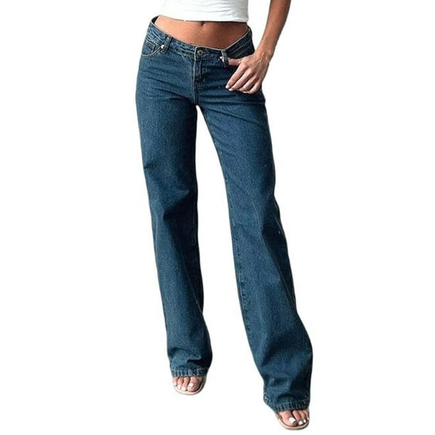 Pantalones Vaqueros de Pierna para Mujer, Tiro Bajo, Holgados, de Pierna Recta, Estilo Boyfriend, Vaqueros Casuales Sueltos, Estilo Chica Y2K Azul Oscuro S