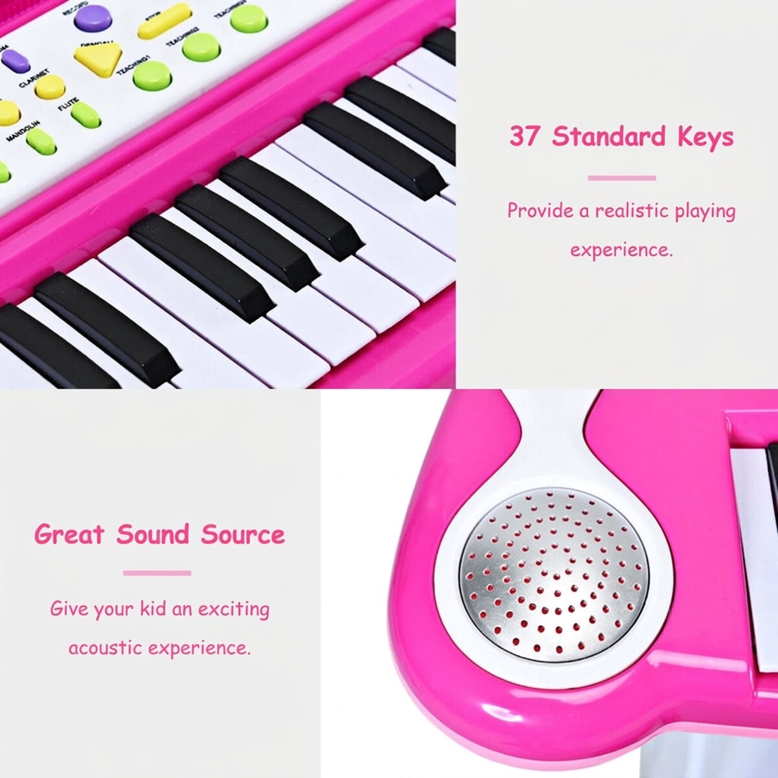 Redsmile 37-Key Kids Piano Keyboard with Microphone and Recording plus Matching Stool for Toddlers to Sing and Play at Home, Pink