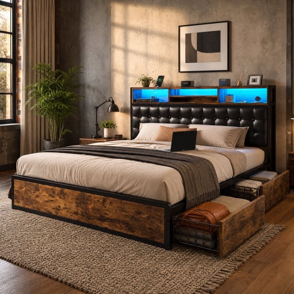 melmine Metal Bed Frame Queen with 2-Tier Storage Headboard Metal Platform Bed with 4 Drawers & LED Light & Charge Station,Noise Free,Easy Assembly,Rustic Brown