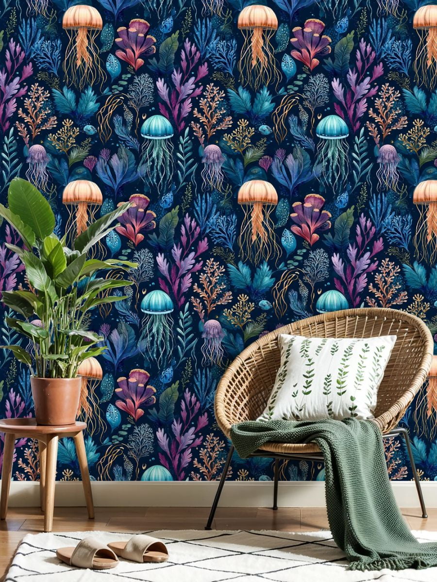 Peel and Stick Wallpaper Vibrant Underwater Jellyfish Seaweed Wall Mural 23.6in x 9.8ft Self Adhesive Removable Wall Paper Renter Friendly Wallpaper for Nursery Bedroom Cabinets