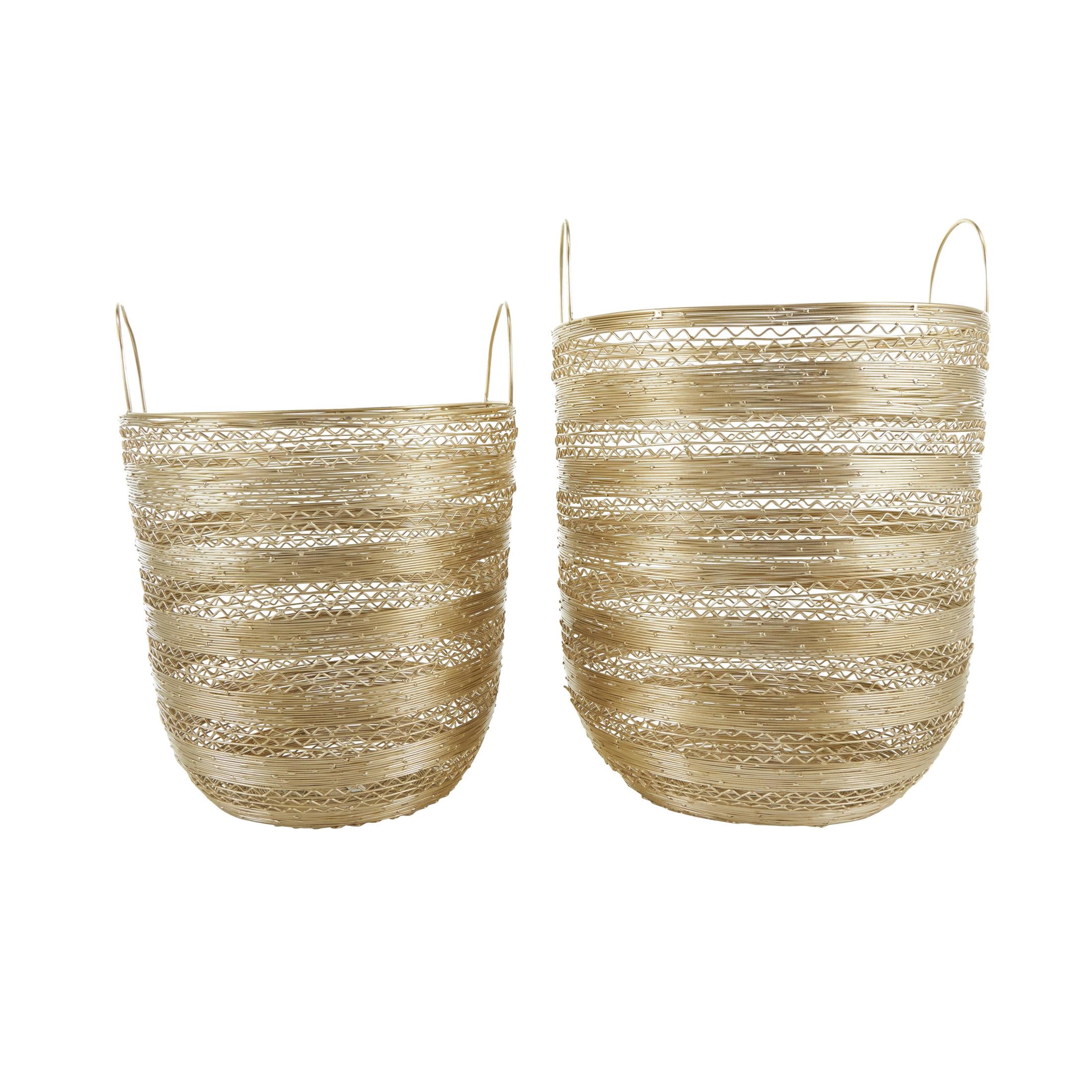 DecMode 17", 15"H Gold Metal Open Frame Wire Storage Basket with Zig Zag Patterns, 2-Pieces