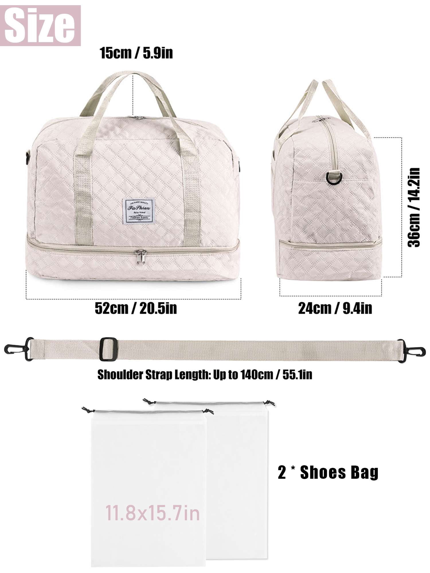 Gustave Quilted Travel Duffle Bag for Women Large Capacity Overnight Weekender Gym Hospital Bag Water Resistant Carry On Totes with Shoe Compartment & Wet Pocket, White