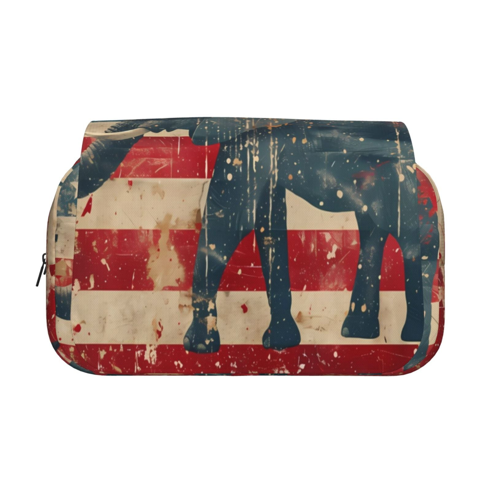 Rateoe Vintage American Flag Elephant Pattern Double Clamshell Pen Case, Storage Organizer with Two Zipper Compartments– Holds Up to 50 Pencils & Pens