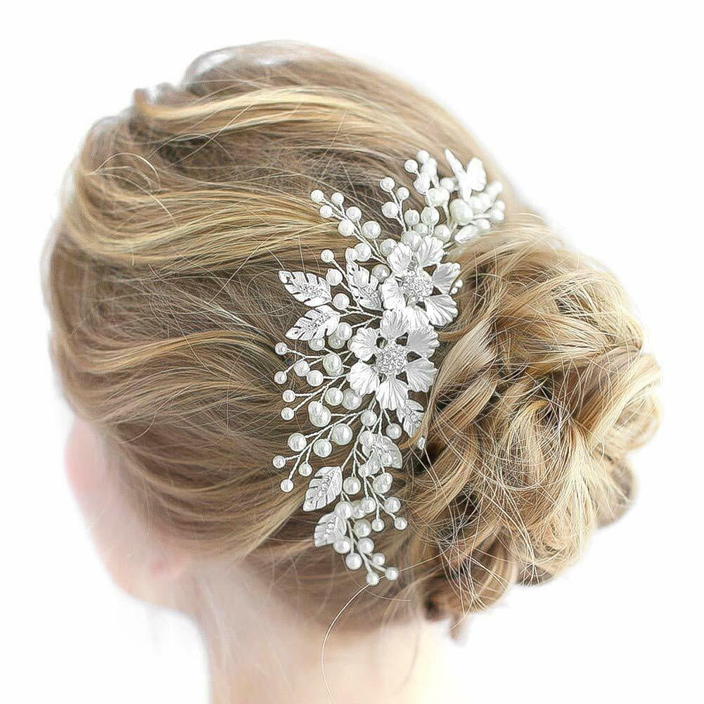 Wedding Hair Comb Clip Handmade Silve Pearls & Flowers Bridal Hair Accessories