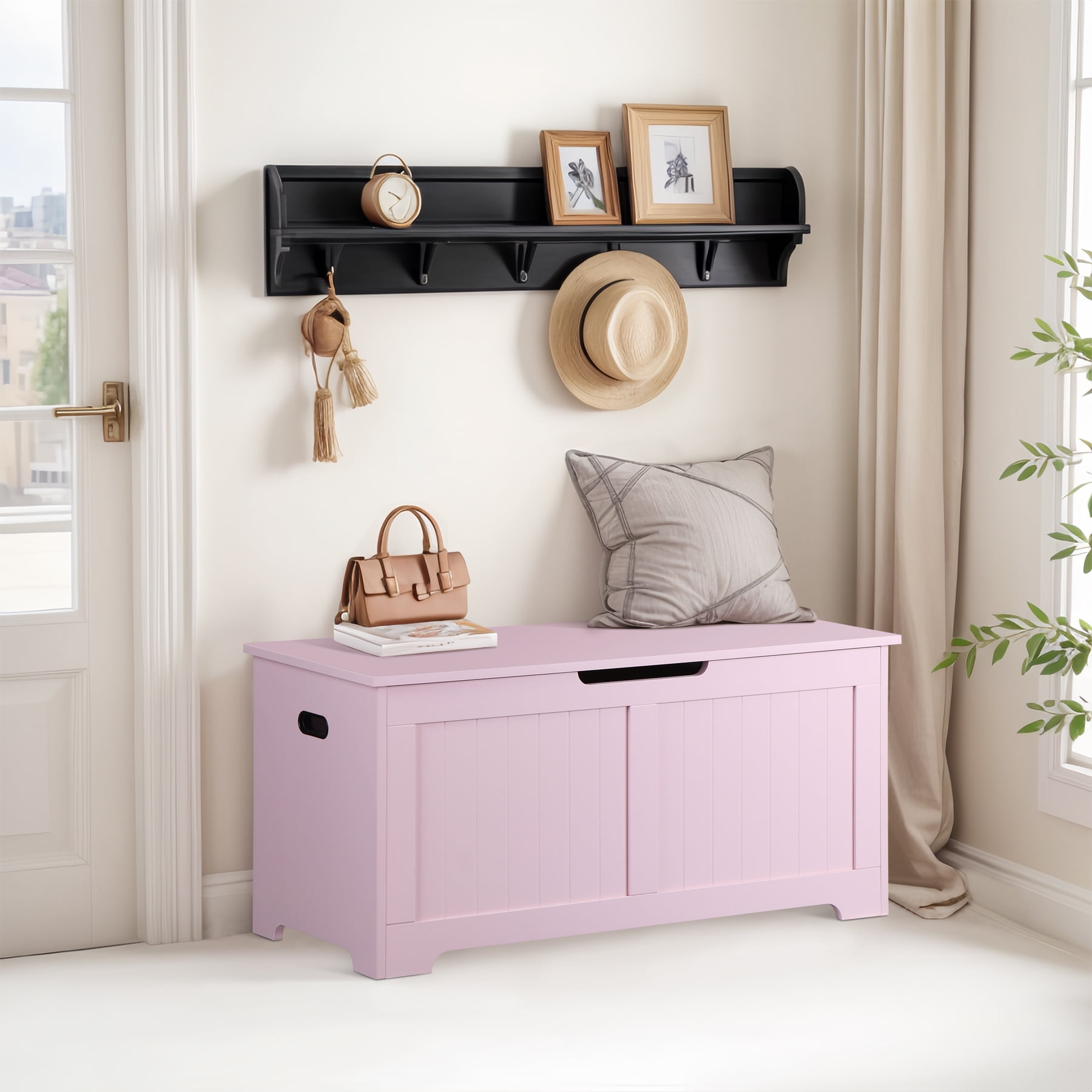 ZenSports 39''L Wooden Storage Chest Bench Box W/Safety Hinged Lid for Entryway, Bedroom Pink