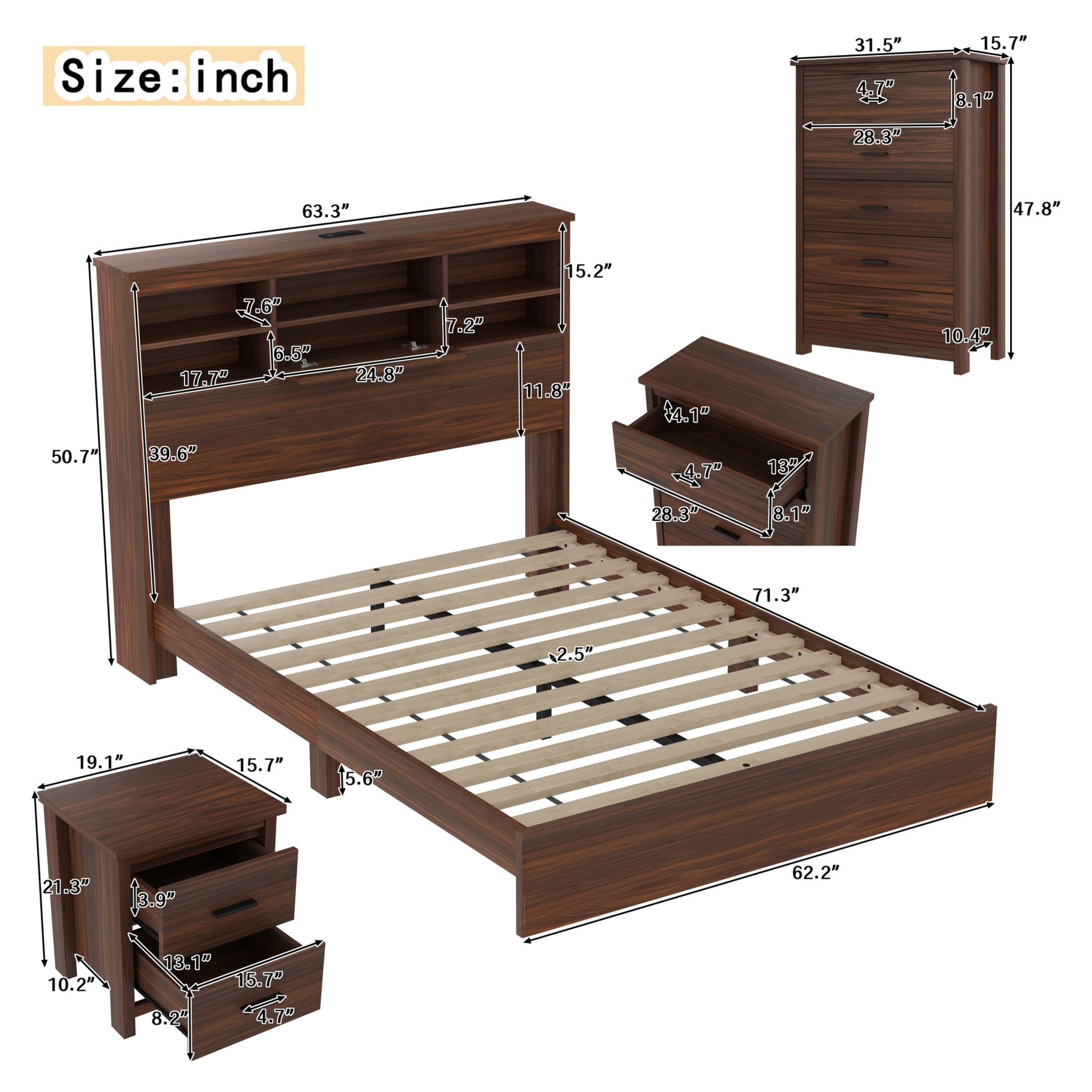 Noble House 4PCS Bedroom Set, Queen Bed with Storage Headboard & Charging Station, 2 Nightstands, 5-Drawer Dresser,Walnut