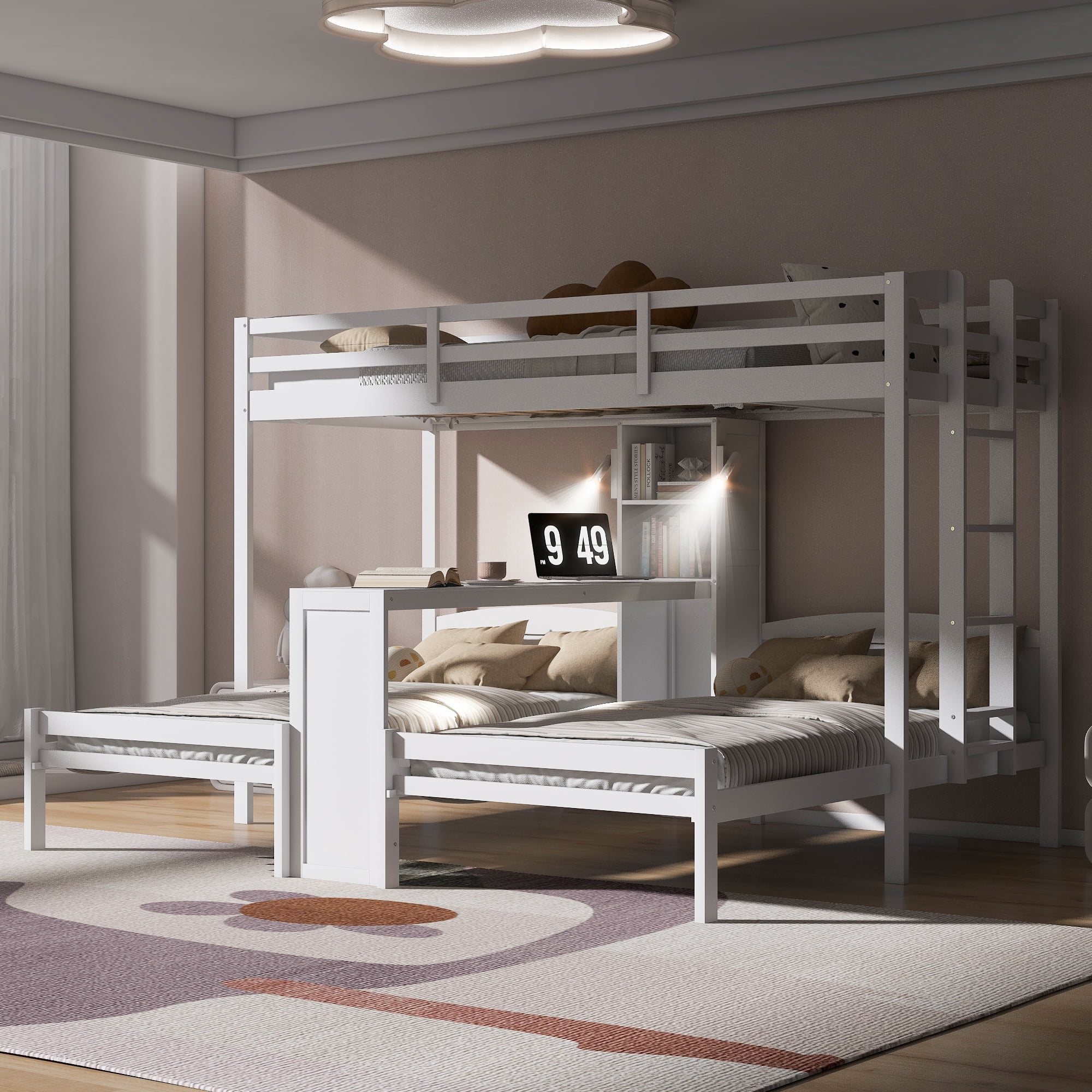 Mintazer Twin over Twin over Twin Bunk Bed with Desk, Bunk Bed with Reading Lamp and Storage Shelves, White