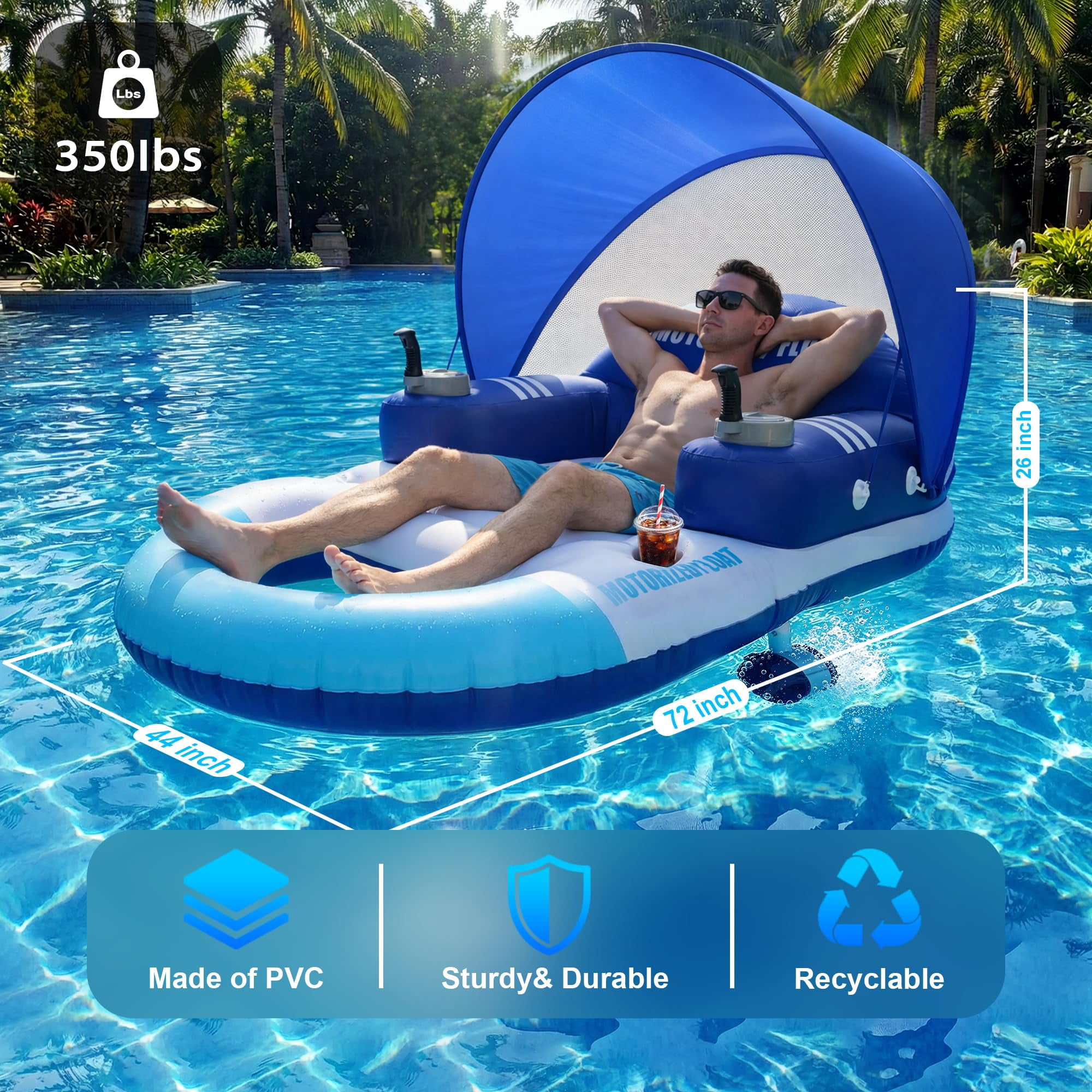 Foxlux Motorized Pool Float with Canopy, Rechargeable Motorized Floats with Cup Holder – Dual Motor Heavy Duty Electric Lounger Raft for Adults, Pool, Lake & Party