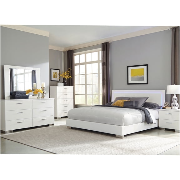 JERFIT 5-Piece Queen Bedroom Set with LED Headboard, High Gloss White Modern Platform Bed, Dresser, Mirror, Nightstand & Chest