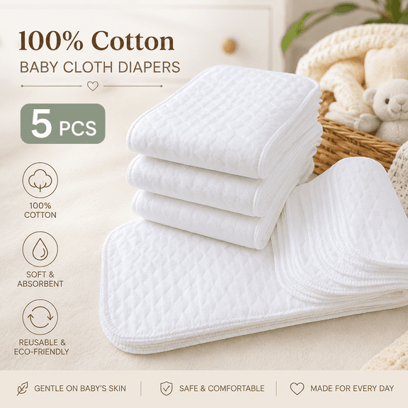 5pcs Cloth Diaper, Cotton Nappy, 100% Soft Cotton, Washable Reusable, Absorbent Infant Diaper, Leak-Resistant Design for Newborn Toddler Daily Use, White
