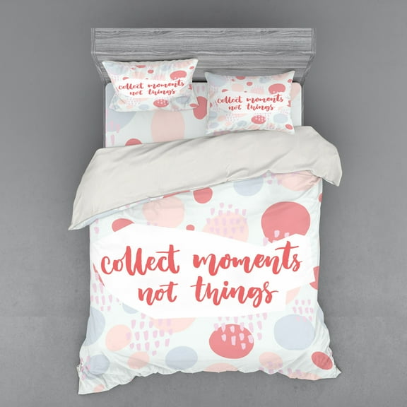 Saying Duvet Cover Set, Paintbrush Strokes and Cursive Calligraphy Pastel Blots and Dots Print, Bedding Set with Shams and Fitted Sheet, 3 Sizes, by Ambesonne