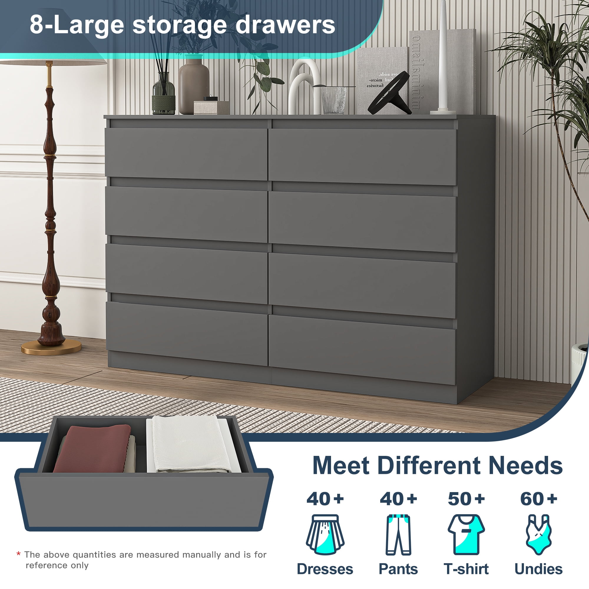 Demi Bonn 8 Drawer Double Dresser, Modern 8 Chest of Drawers with Deep Drawers, Wide Storage Organizer Cabinet for Living Room, Gray