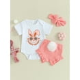 thumbnail image 2 of Bslissey Infant Baby Girls Shorts Set Short Sleeve Letter Bunny Print Romper + Ruffles Shorts + Bow Headband 3M 6M 12M 18M Newborn Cute Daily Outfits Easter Clothes, 2 of 9