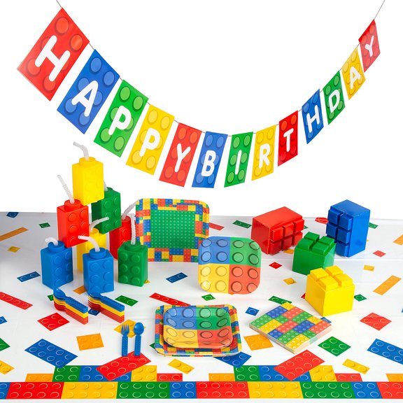 Color Brick Tableware Kit for 8 Guests, Party Supplies, Birthday, 62 Pieces