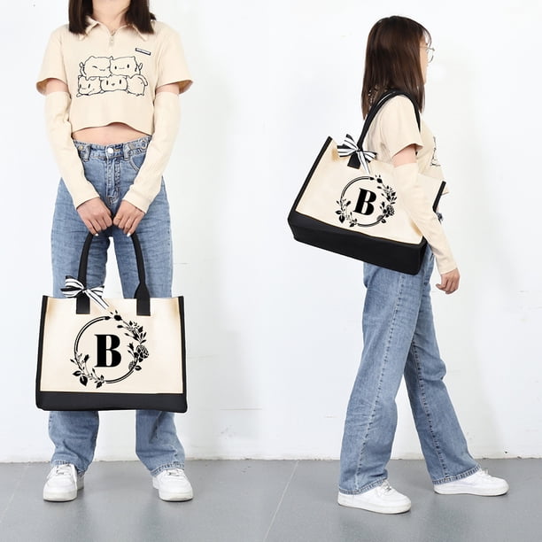 Bolso Bolso de lona Letras Flor Portátil Playa Hombro de compras (B)