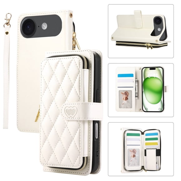 YEYKX Cartera for iPhone Air de 6,5 Pulgadas con Correa para Muñeca/hombro, 9 Ranuras para Tarjetas, Monedero con Cierre, Soporte de Cuero de Lujo, Funda Cell Phone a Cuadros, Blanco