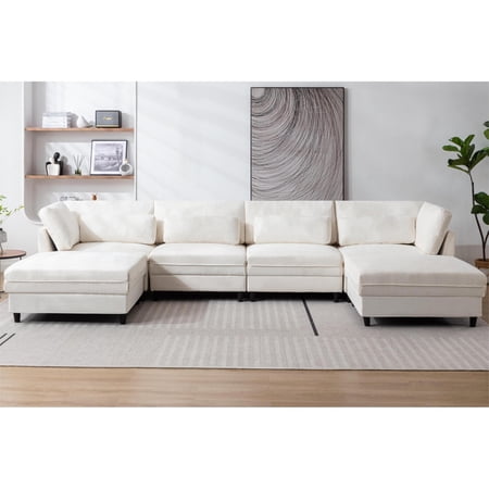 Oversized Modular Sectional Fabric Sofa Set with Waist Pillows - Extra Large U-Shaped Couch, Reversible Chaise, 145-Inch Long, 6-Seat Design