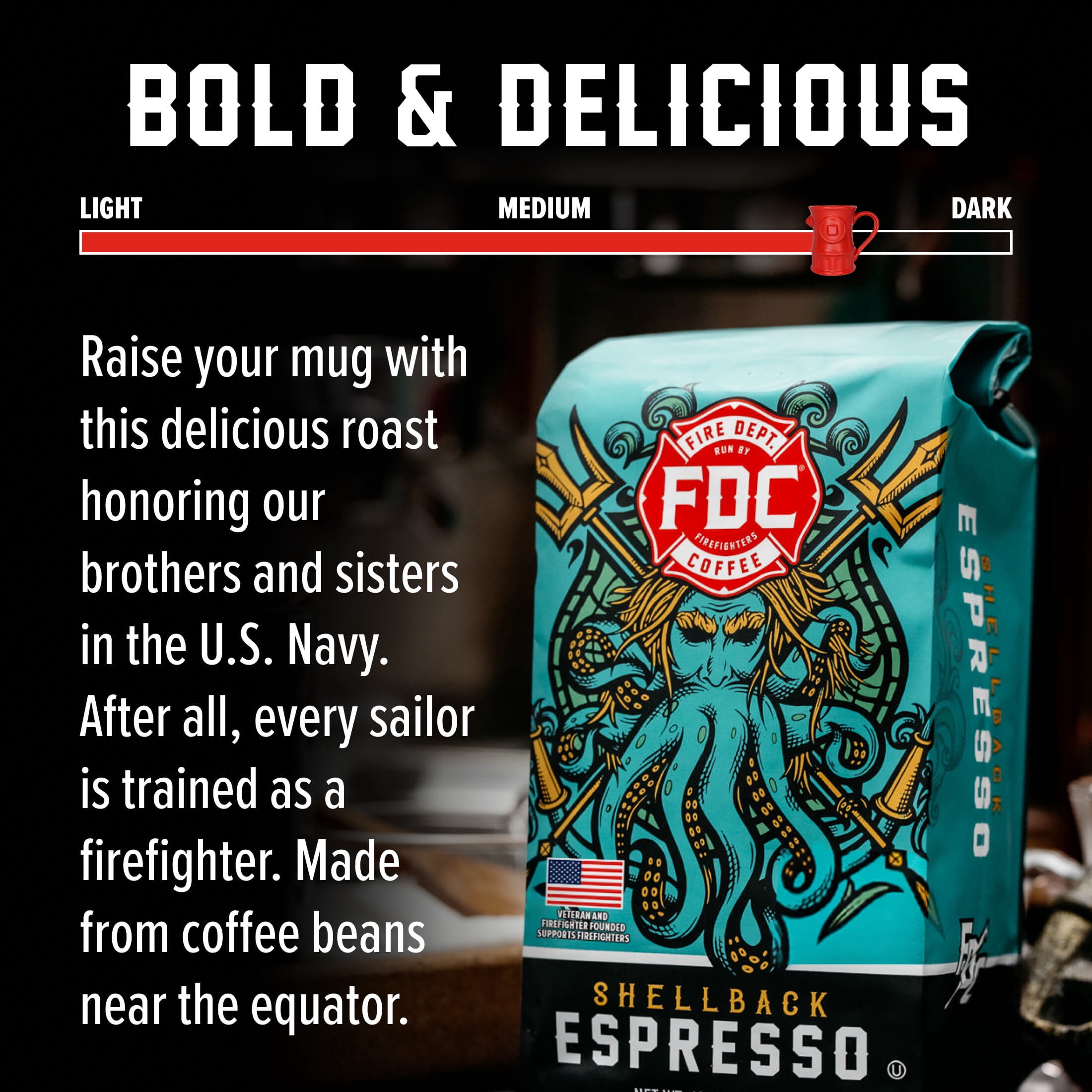 (6 pack) Fire Department Coffee, Shellback Espresso, Premium Ground Coffee, Medium Roast, 12 oz.