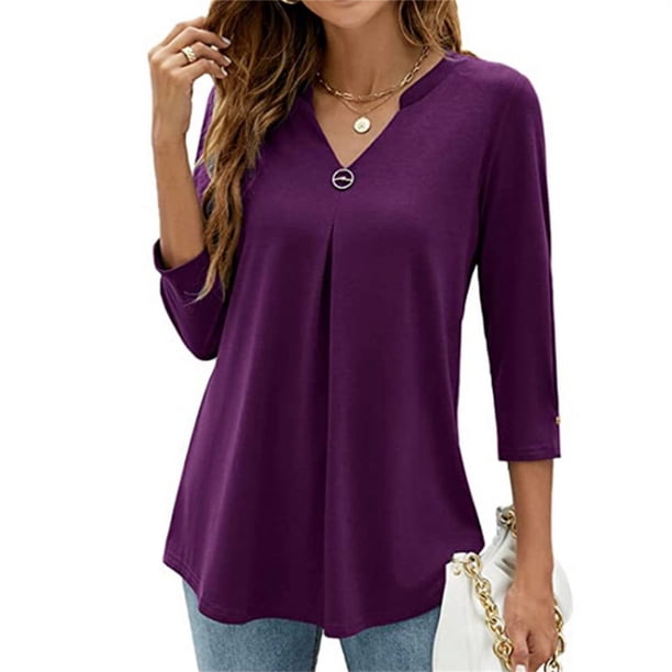 Blusa informal con pliegues para mujer, Top elegante con cuello en V, Camiseta holgada de manga 2022, ropa de calle 3/4
