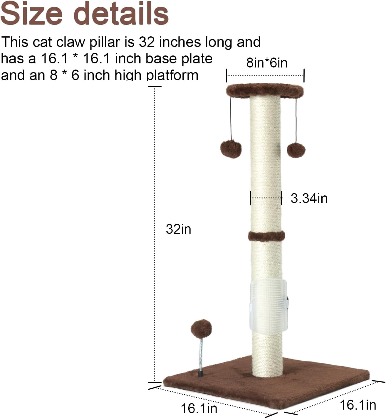 32" Tall Cat Scratching Post Sisal Scratch Posts with Hanging Ball and Self-Massage Brush Vertical Scratcher for Indoor Cats and Kittens(Light-Gray 32inches)
