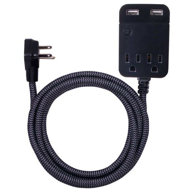 GE Pro Designer Charging Station, 10ft. Braided Extension Cord, 2Outlet 2USB Surge Protection