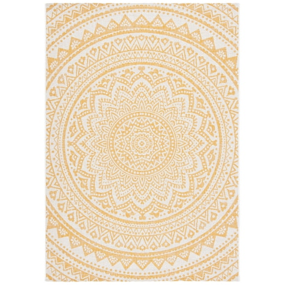 SAFAVIEH Courtyard Josiah Geometric Indoor/Outdoor Area Rug, Ivory/Gold, 9' x 12'