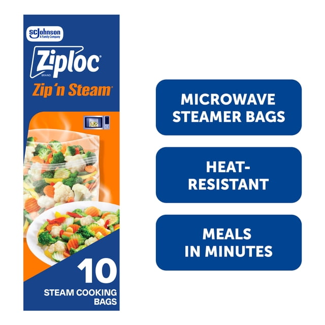 Ziploc Zip n' Steam heat-resistant microwave steamer bags package containing 10 steam cooking bags shown with steamed mixed vegetables