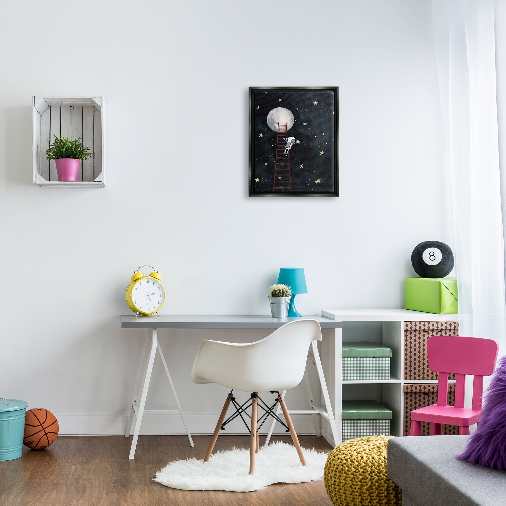 Stupell Industries Astronaut Hanging Stars Outer Space Ladder to Moon Jet Black Framed Floating Canvas Wall Art, 16x20, by Rachel Nieman