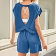thumbnail image 2 of 2 Pieces Sets Open Back Tops for Womens Criss Cross Cut Out Blouses Backless Croped Short Sleeve Tees Tops High Waist Solid Basic Pants Workout Sport Yoga Lounge Blouses Outfits, 2 of 7