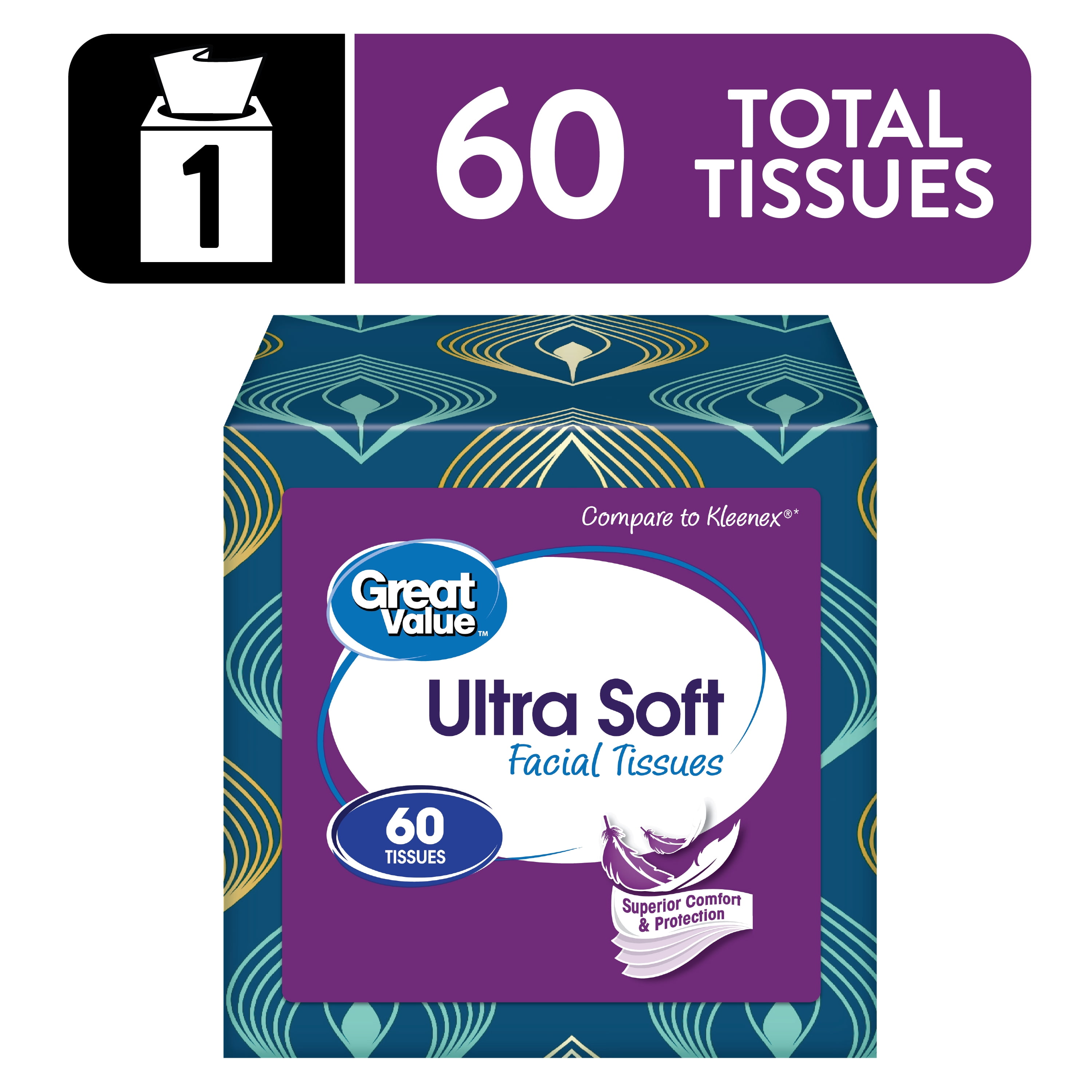 (18 pack) Great Value Ultra Soft Facial Tissues, 1 Cube, 60 Tissues per Cube, 3-Ply, Compare to Kleenex®