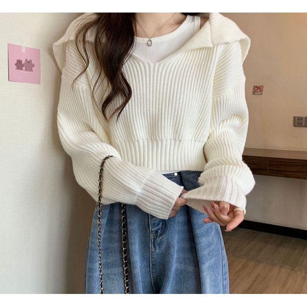 Nuevo suéter exterior de estilo coreano de otoño e invierno para mujer, diseño de estilo perezoso, top corto de punto con tirantes en el interior, conjunto de dos piezas