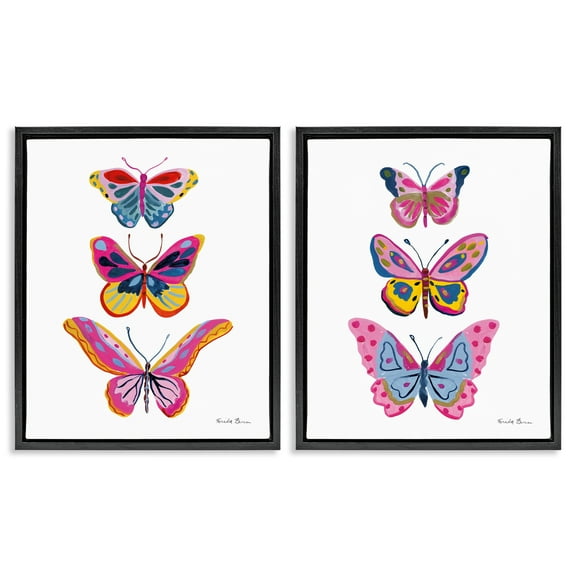 Stupell Industries Bright Flutter Butterflies Insects Painting Black Floater Framed Canvas Art Print Wall Art, 17 x 21, Set of 2
