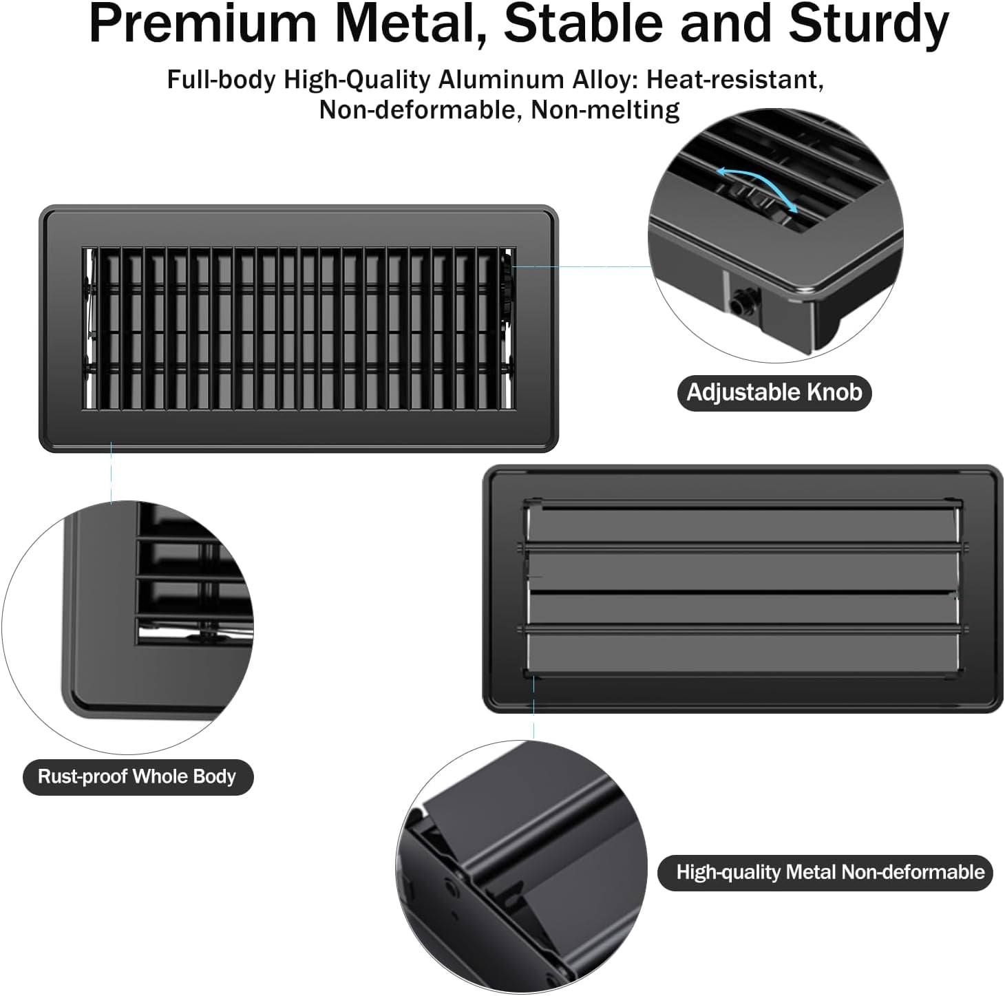 4"×10" Floor Register Heavy Duty Metal Floor Air Vent with Adjustable Knob Black Floor Vent Covers for Home Office Sidewall and Floor 3 Pack
