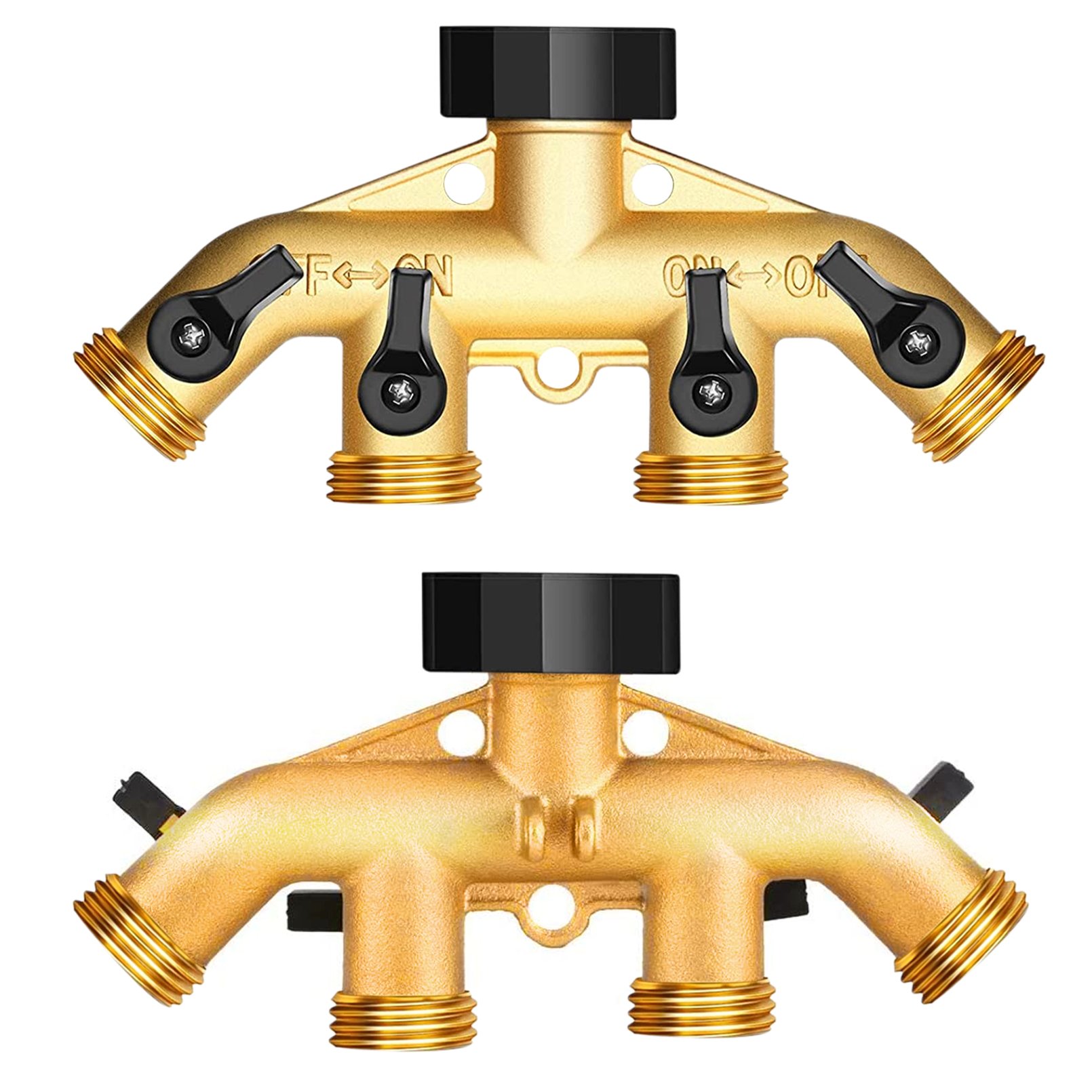 CZS 4 Way Brass Hose Splitter, 3/4" Brass Hose Faucet Manifold, Garden