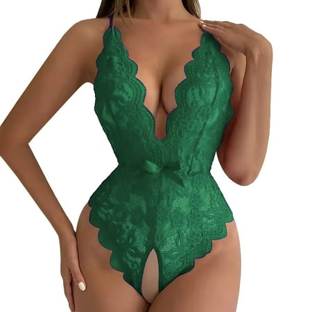 hoadeuw Crotchless Bodysuits for Women V Neck Spring Summer Lace Solid Color Bow Underneath Opening Sexy Slimming Lingerie Teddies Leotard