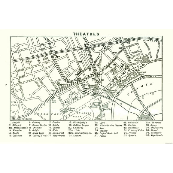 Historic Map - London Theatres - Bartholomew 1921 - Vintage Wall Art