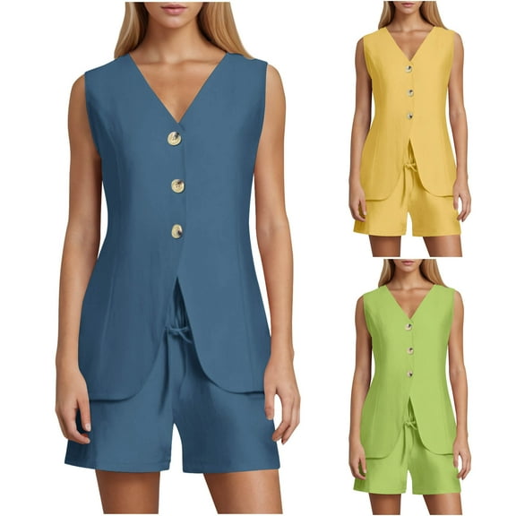 ZZwxWA Womens 2 Piece Summer Work Casual Sets, Sleeveless Button Down Loose Vest Outfits Matching Drawstring Baggy Shorts