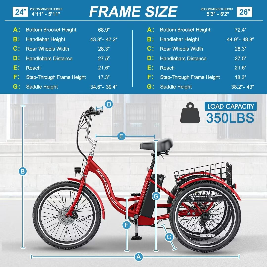Docred 24'' Adult Electric Tricycles 3 Wheel Electric Bike, 15.5 mph 350W Electric Trikes for Seniors，7-Speed & 4 Adjustable Riding Modes Electric Tricycle with 36V Removable Lithium Battery