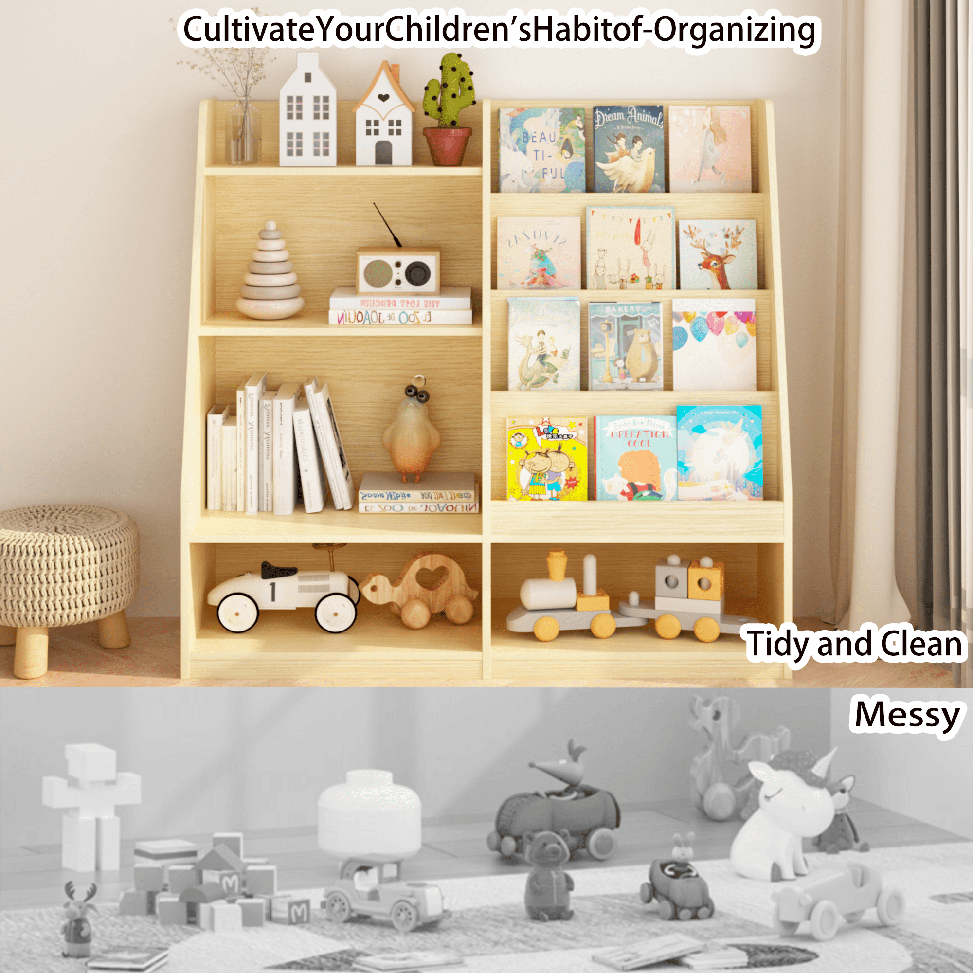 Kids Bookshelf and Toy Storage Organizer, Multifunctional 4 Tier Wooden Kids Book Shelf with Bookcase Display Stand in Kids Room Playroom Nursery for Kids, Children, Toddlers (Natural)