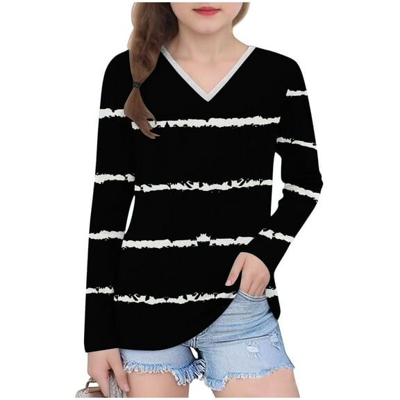 Avrntaa V Neck Tops for Girls Fall Cute Striped Print Shirts Sweet Trendy Long Sleeve Layer T-Shirt
