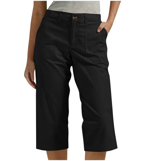 TaTaai Women's Elastic Waist Cargo Pants 7/8 Length Straight Leg Casual Trousers with Multiple Pockets Solid Color for Utility Work and Outdoor Casual Wear Gift