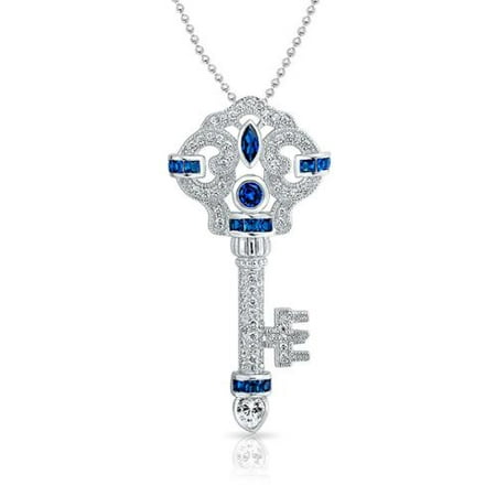Bling Jewelry Simulated Sapphire CZ Vintage Style Key Pendant Rhodium Plated Necklace 18 Inches