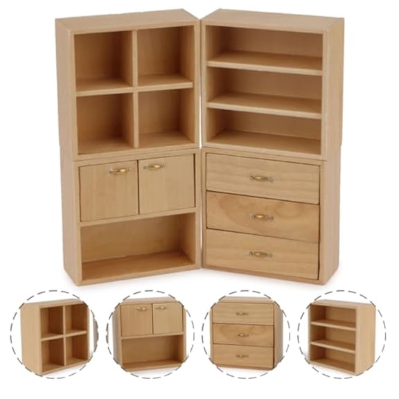 Dollhouse Miniature Furniture Set 4PCS Wooden Cabinet Cupboard 1:12 Dollhouse Various Styles Decoration DIY Freely Combinable Furniture Kit Kitchen Bedroom Living Room Display Ornaments (Wood)