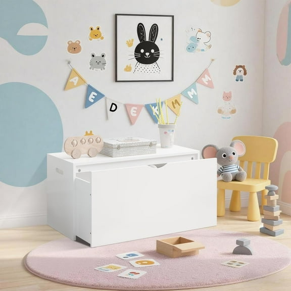 Toy Storage Organizer with Rolling Drawer, Modern Wooden Toy Chest Box, Large Pull-Out Bin for Nursery, Bedroom or Playroom, White
