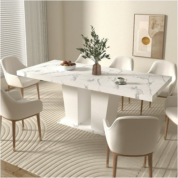 JERFIT Expandable Dining Table for 10, White Marble Faux Top with Pedestal Base, Modern Extendable Kitchen Table for Large Spaces