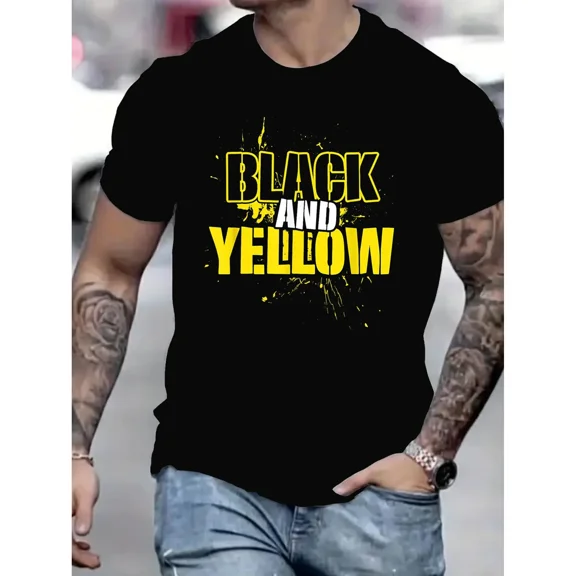 Men's Black Short-Sleeve T-Shirt with Bold "BLACK AND YELLOW" Splatter Graphic Design