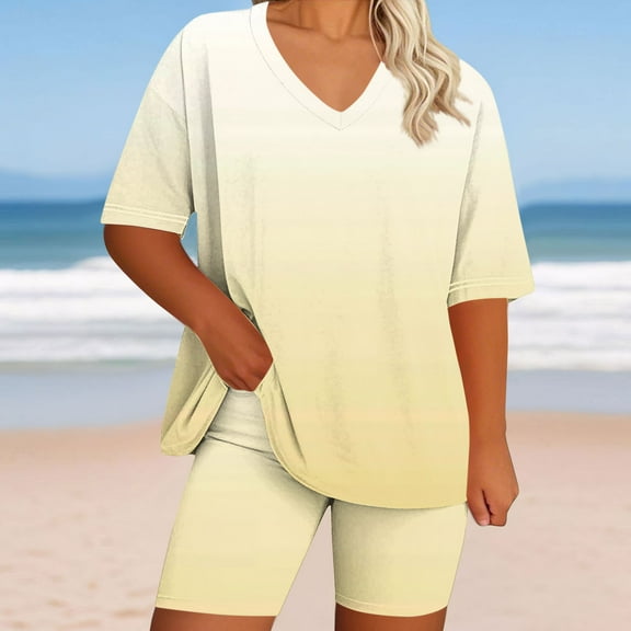 Womens Loungewear Two Piece Set Oversized V Neck Tunic Tops with Biker Shorts Soft Stretchy for Home, Sleepwear and Casual Daily Wear Yellow 5XL